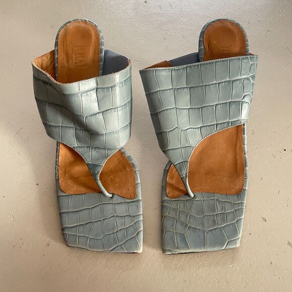 TORAL Animal Print Croc Embossed Leather T Bar Heeled Sandals Blue 40 - Picture 5 of 11